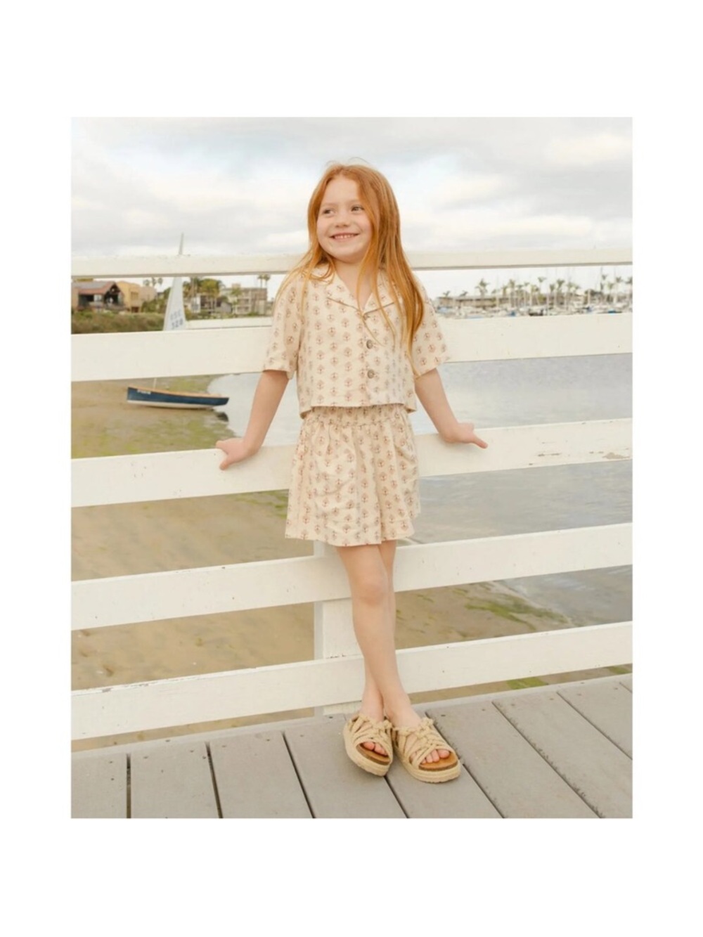 Rylee & Cru Girls Cream Printed Two-Piece Linen Blend Set